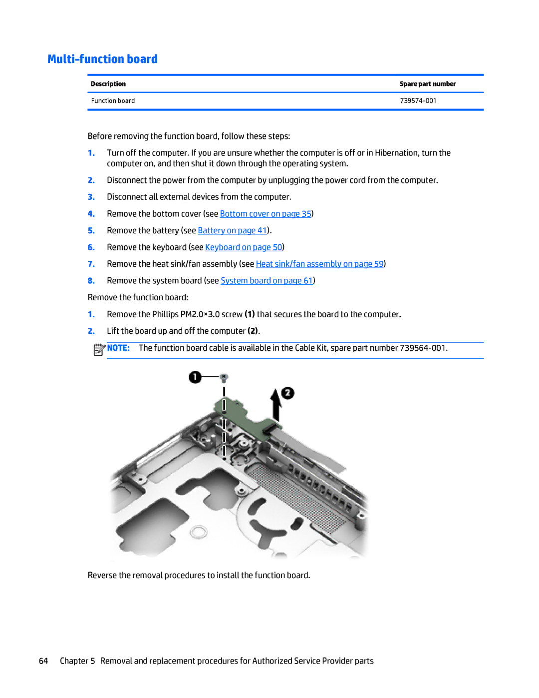 HP Folio 1040 G1 manual Multi-function board, Description Spare part number Function board 739574-001 