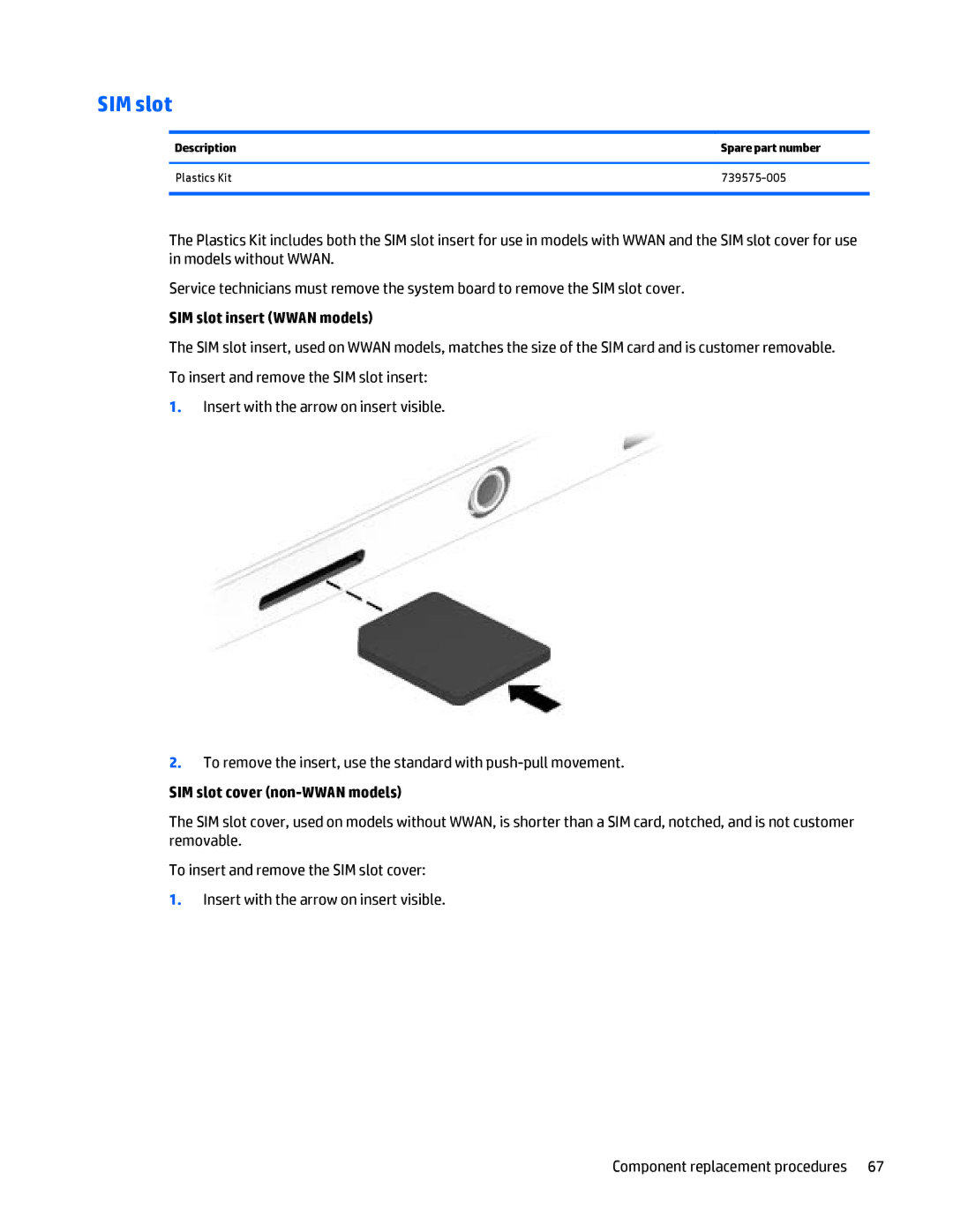 HP Folio 1040 G1 manual SIM slot, Description Spare part number Plastics Kit 739575-005 