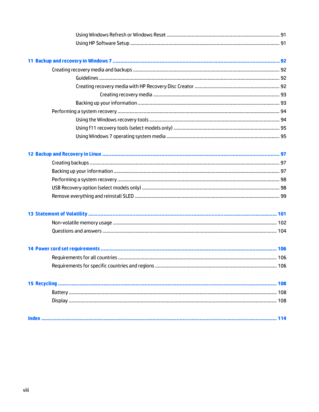 HP Folio 1040 G1 manual 102, 106, 108, Viii 