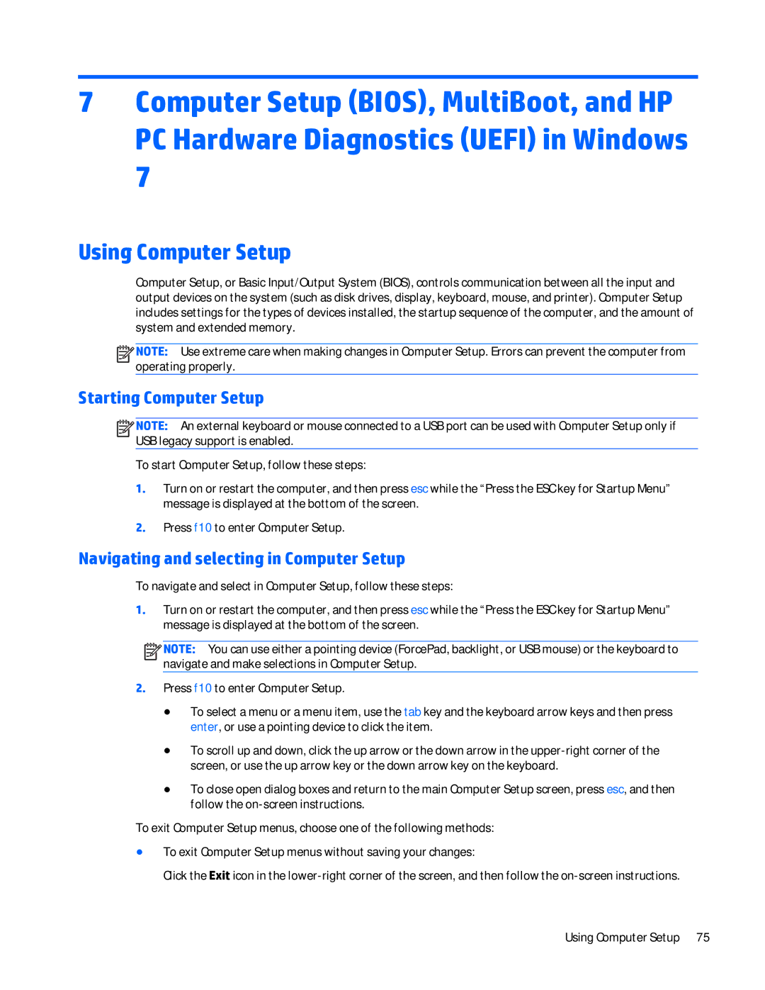 HP Folio 1040 G1 manual Using Computer Setup 