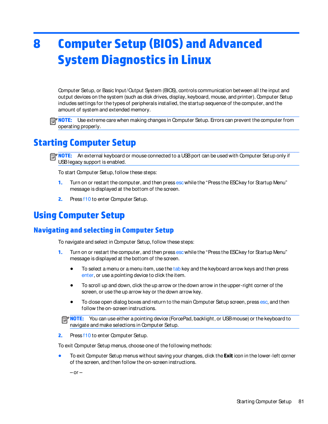 HP Folio 1040 G1 manual Starting Computer Setup, Using Computer Setup 