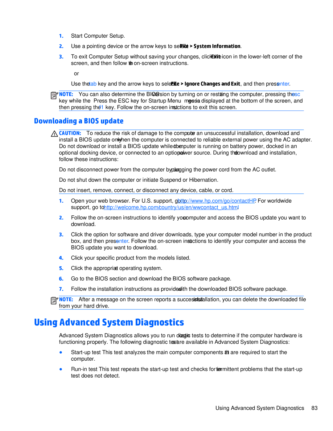 HP Folio 1040 G1 manual Using Advanced System Diagnostics, Downloading a Bios update 