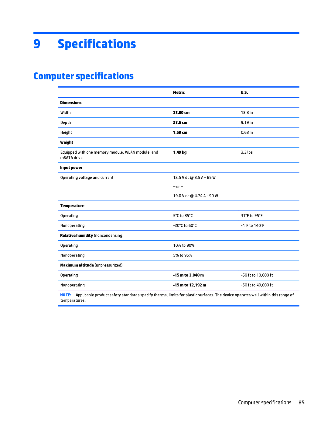 HP Folio 1040 G1 manual Specifications, Computer specifications 