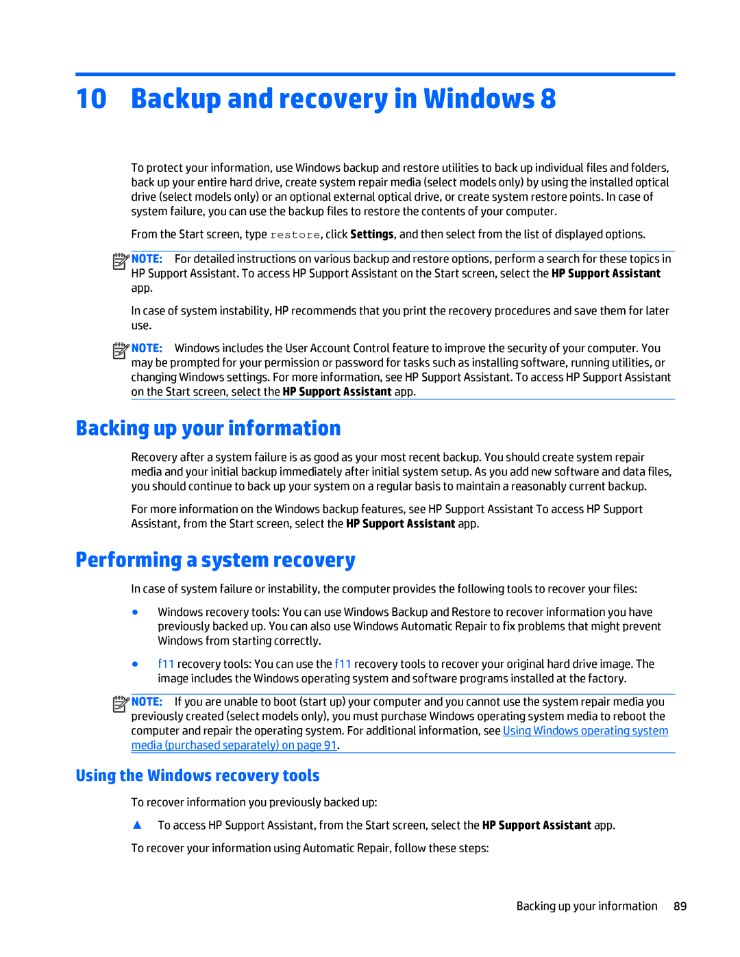 HP Folio 1040 G1 manual Backup and recovery in Windows, Backing up your information, Performing a system recovery 