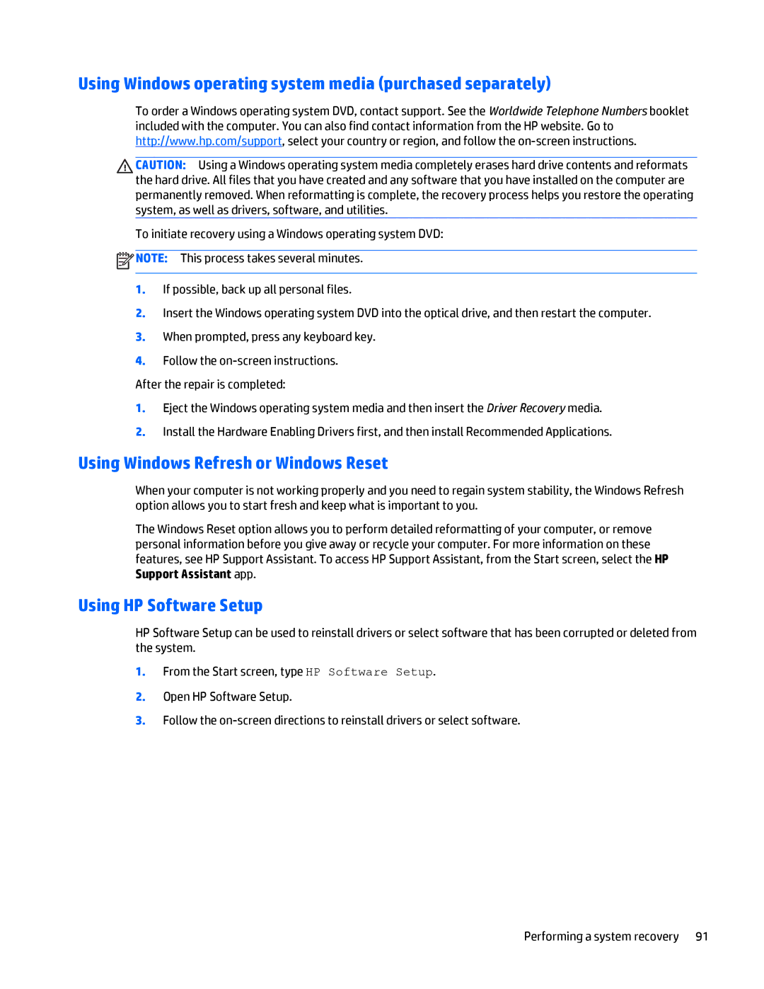 HP Folio 1040 G1 manual Using Windows operating system media purchased separately, Using Windows Refresh or Windows Reset 