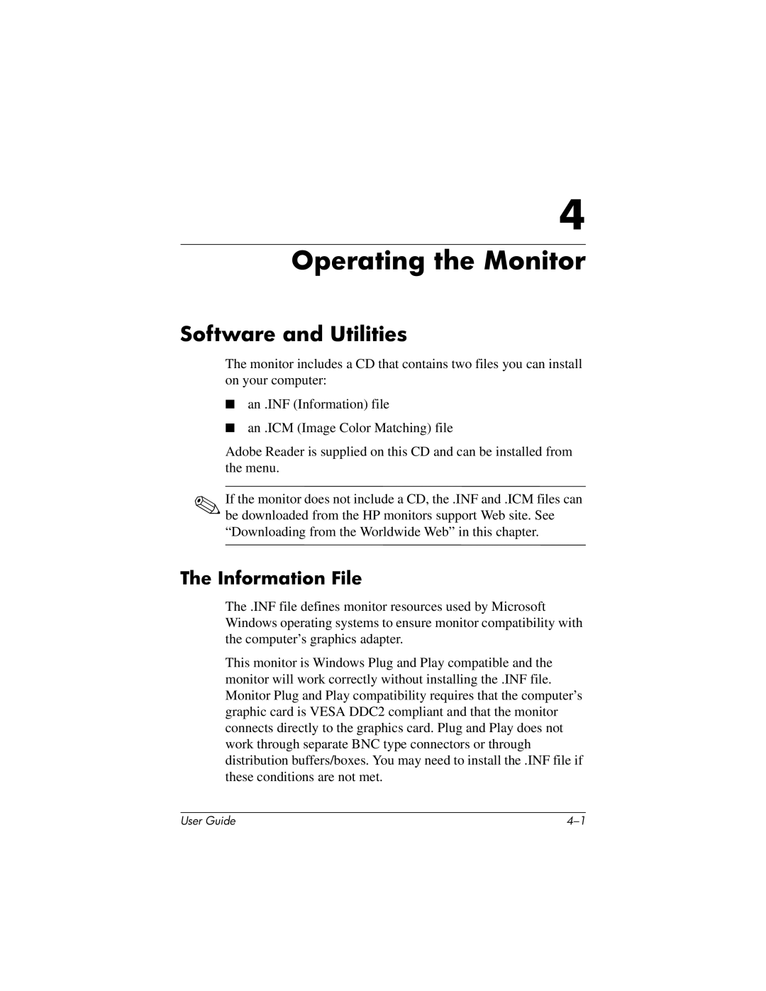 HP 1706, FP 1906 manual Operating the Monitor, Software and Utilities, Information File 