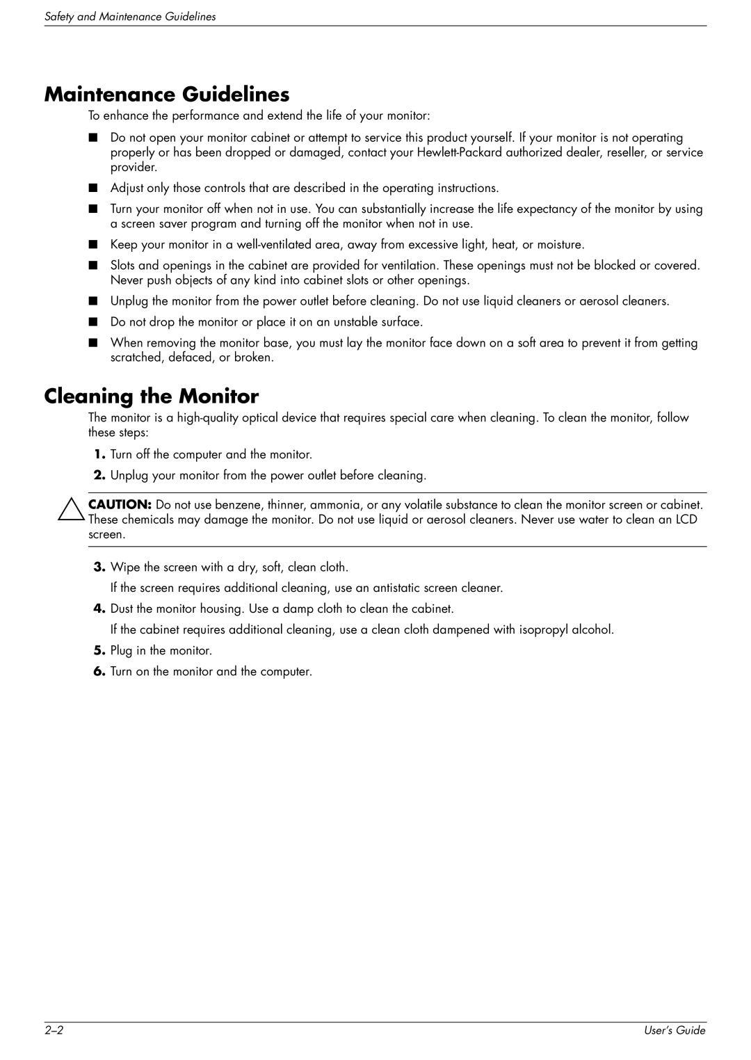 HP W1907, FP1707, W2216 manual Maintenance Guidelines, Cleaning the Monitor 