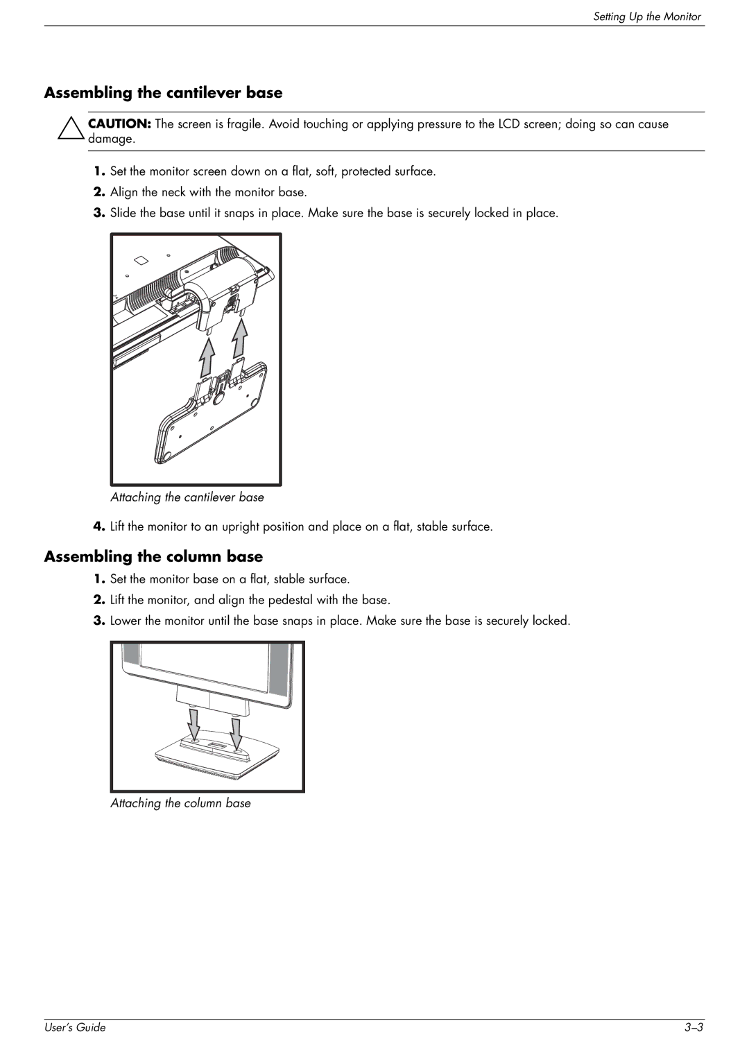 HP W1907, FP1707, W2216 manual Assembling the cantilever base, Assembling the column base 