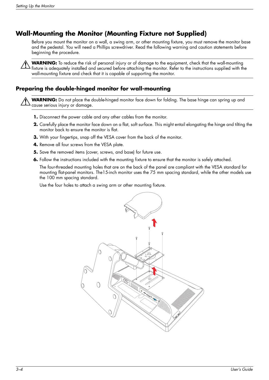 HP W2216 Wall-Mounting the Monitor Mounting Fixture not Supplied, Preparing the double-hinged monitor for wall-mounting 