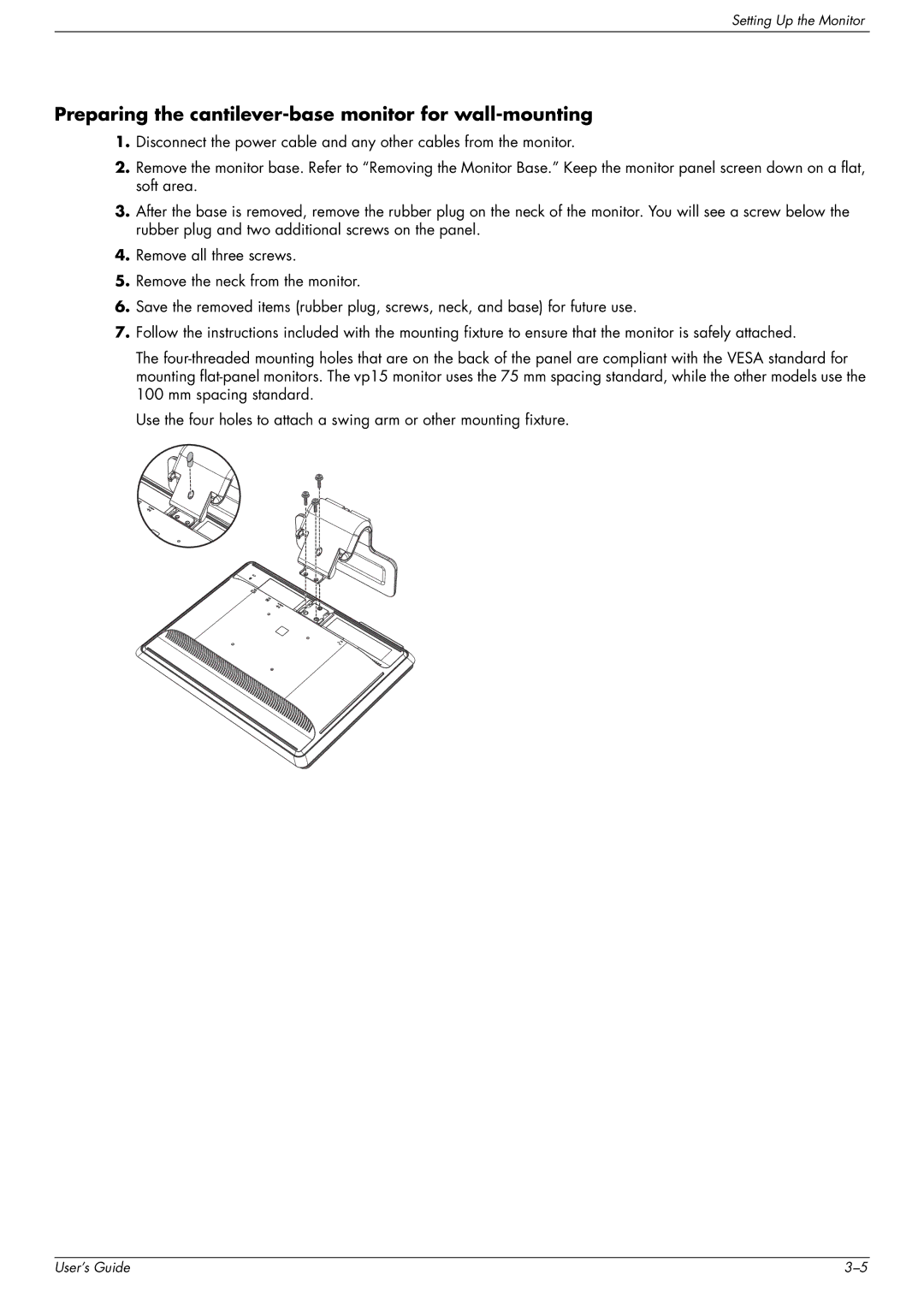 HP FP1707, W1907, W2216 manual Preparing the cantilever-base monitor for wall-mounting 