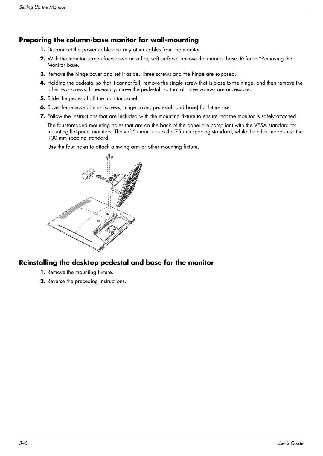 HP W1907 Preparing the column-base monitor for wall-mounting, Reinstalling the desktop pedestal and base for the monitor 