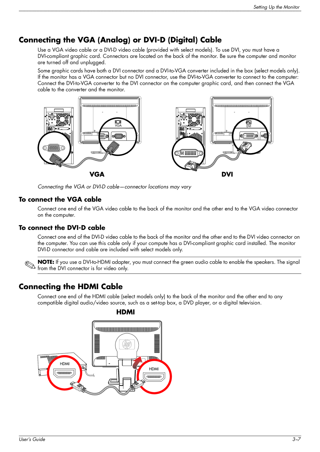 HP W2216, FP1707 Connecting the VGA Analog or DVI-D Digital Cable, Connecting the Hdmi Cable, To connect the VGA cable 