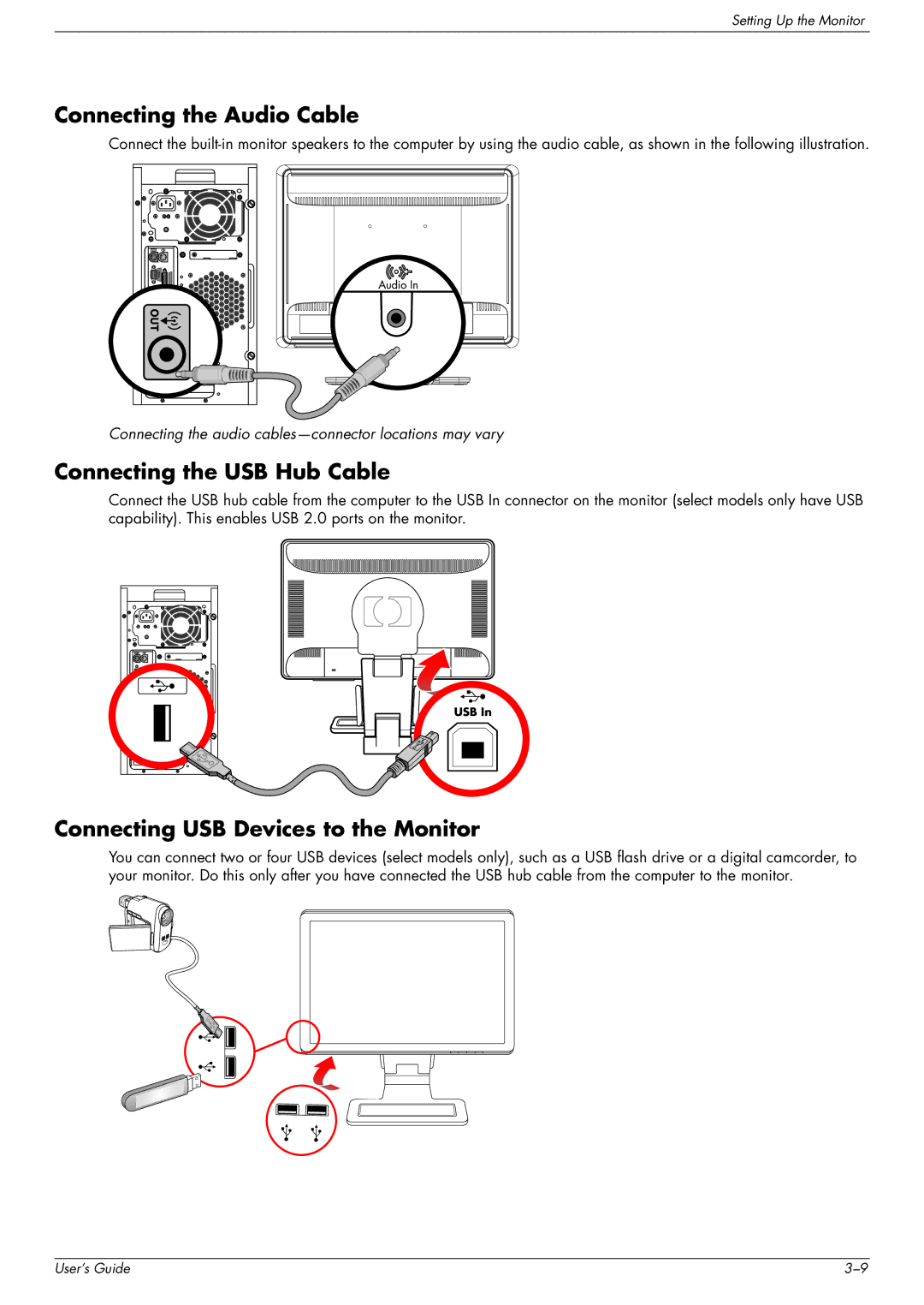 HP W1907, FP1707, W2216 Connecting the Audio Cable, Connecting the USB Hub Cable, Connecting USB Devices to the Monitor 