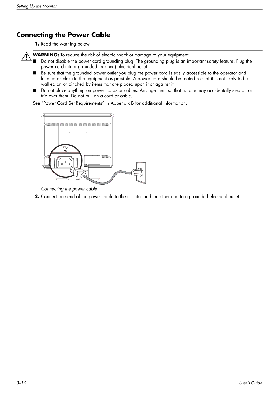 HP W2216, FP1707, W1907 manual Connecting the Power Cable, Connecting the power cable 