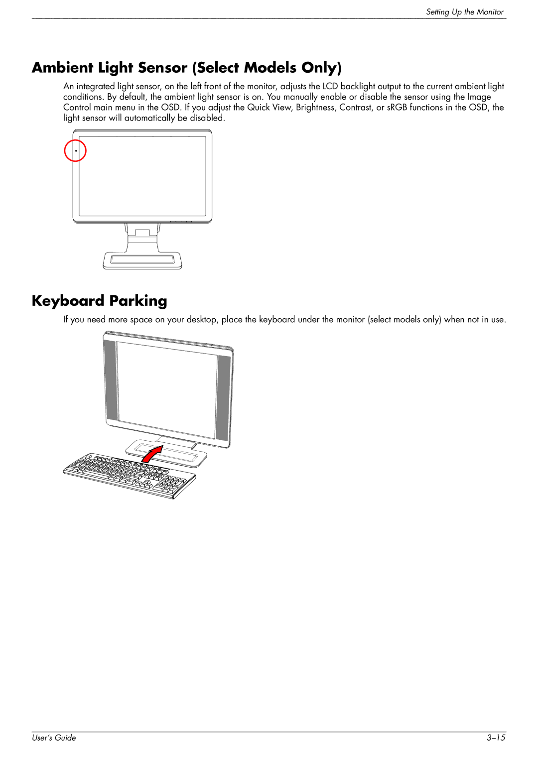 HP W1907, FP1707, W2216 manual Ambient Light Sensor Select Models Only, Keyboard Parking 