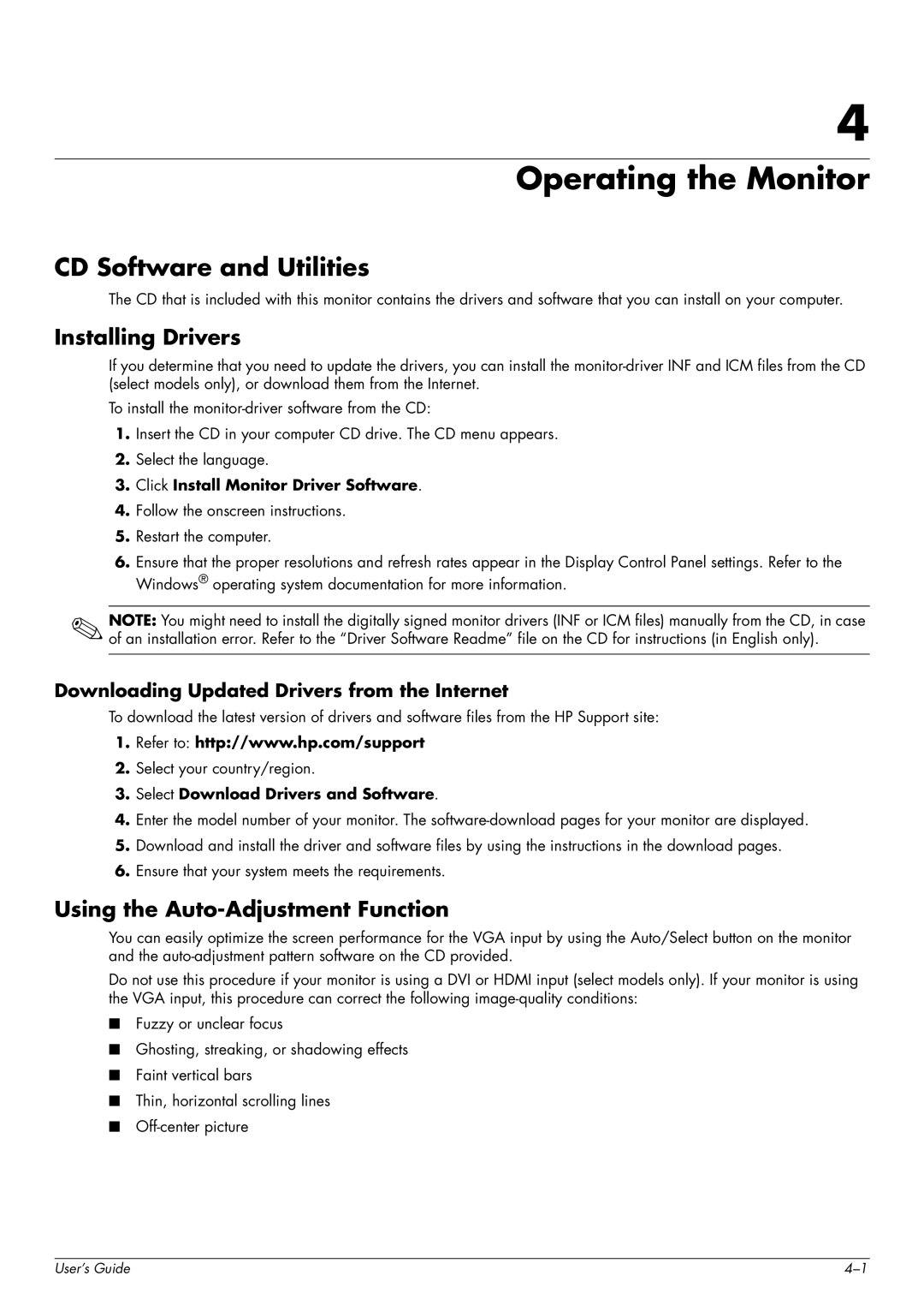 HP FP1707, W1907 Operating the Monitor, CD Software and Utilities, Installing Drivers, Using the Auto-Adjustment Function 