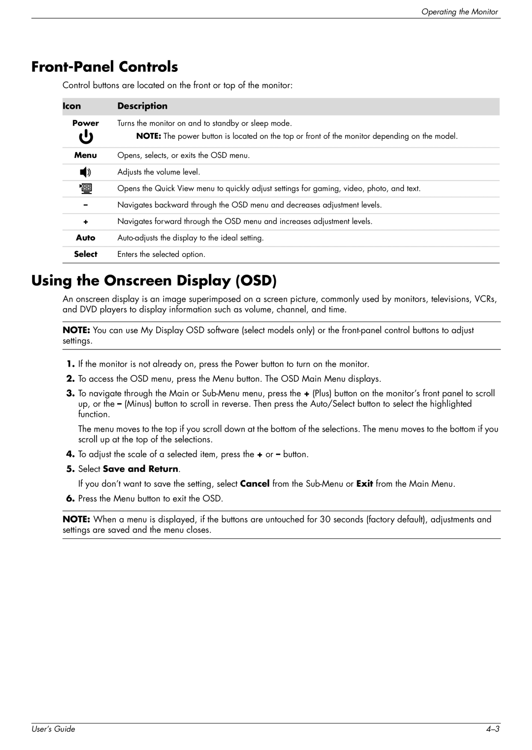 HP W2216, FP1707, W1907 manual Front-Panel Controls, Using the Onscreen Display OSD 