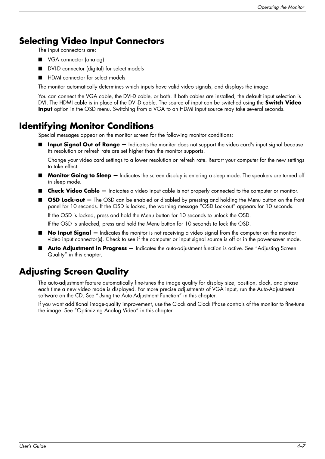 HP FP1707, W1907, W2216 manual Selecting Video Input Connectors, Identifying Monitor Conditions, Adjusting Screen Quality 