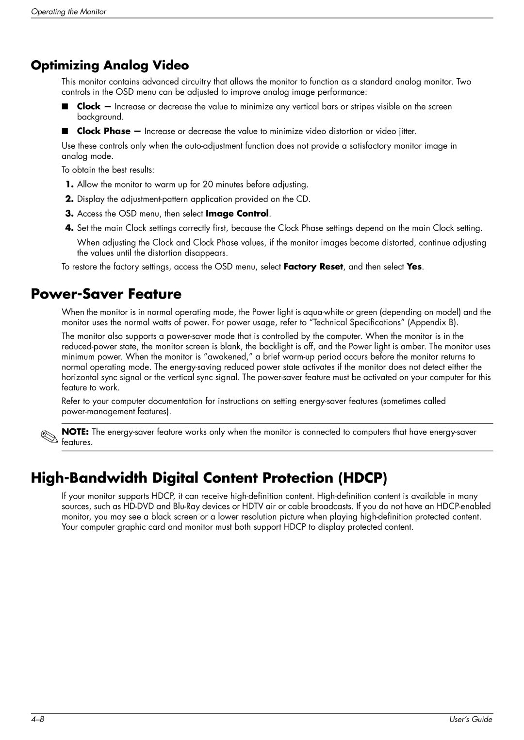 HP W1907, FP1707, W2216 manual Power-Saver Feature, High-Bandwidth Digital Content Protection Hdcp, Optimizing Analog Video 