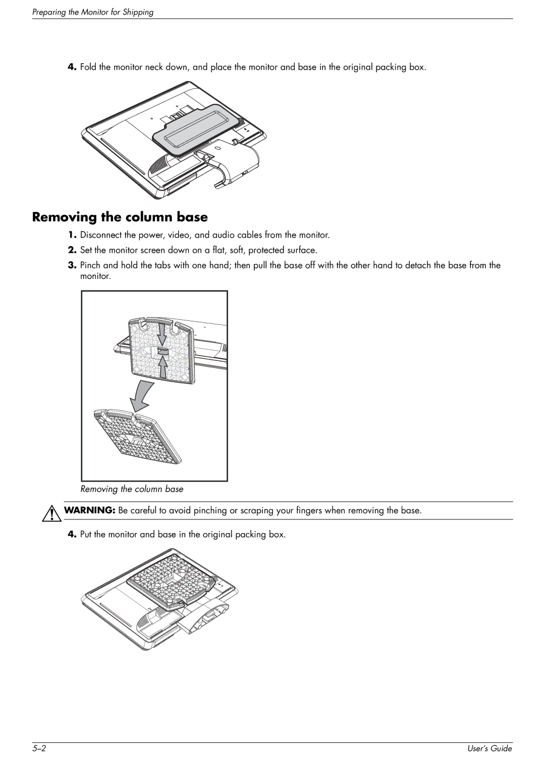 HP FP1707, W1907, W2216 manual Removing the column base 