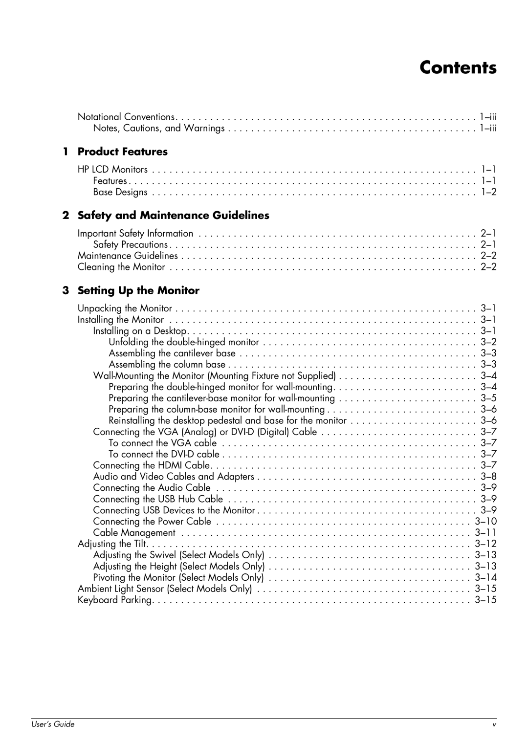 HP W2216, FP1707, W1907 manual Contents 