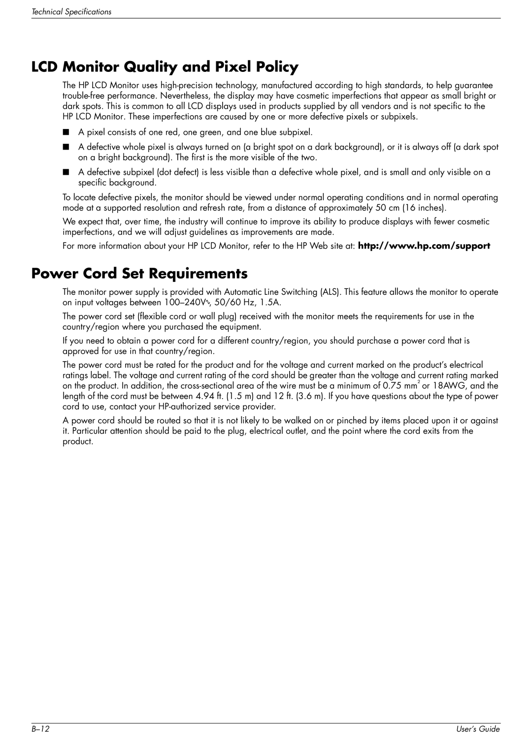 HP W1907, FP1707, W2216 manual LCD Monitor Quality and Pixel Policy, Power Cord Set Requirements 