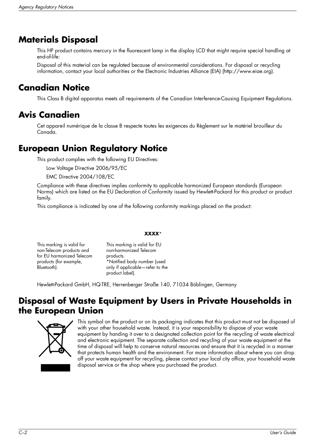 HP FP1707, W1907, W2216 manual Materials Disposal, Canadian Notice, Avis Canadien, European Union Regulatory Notice 