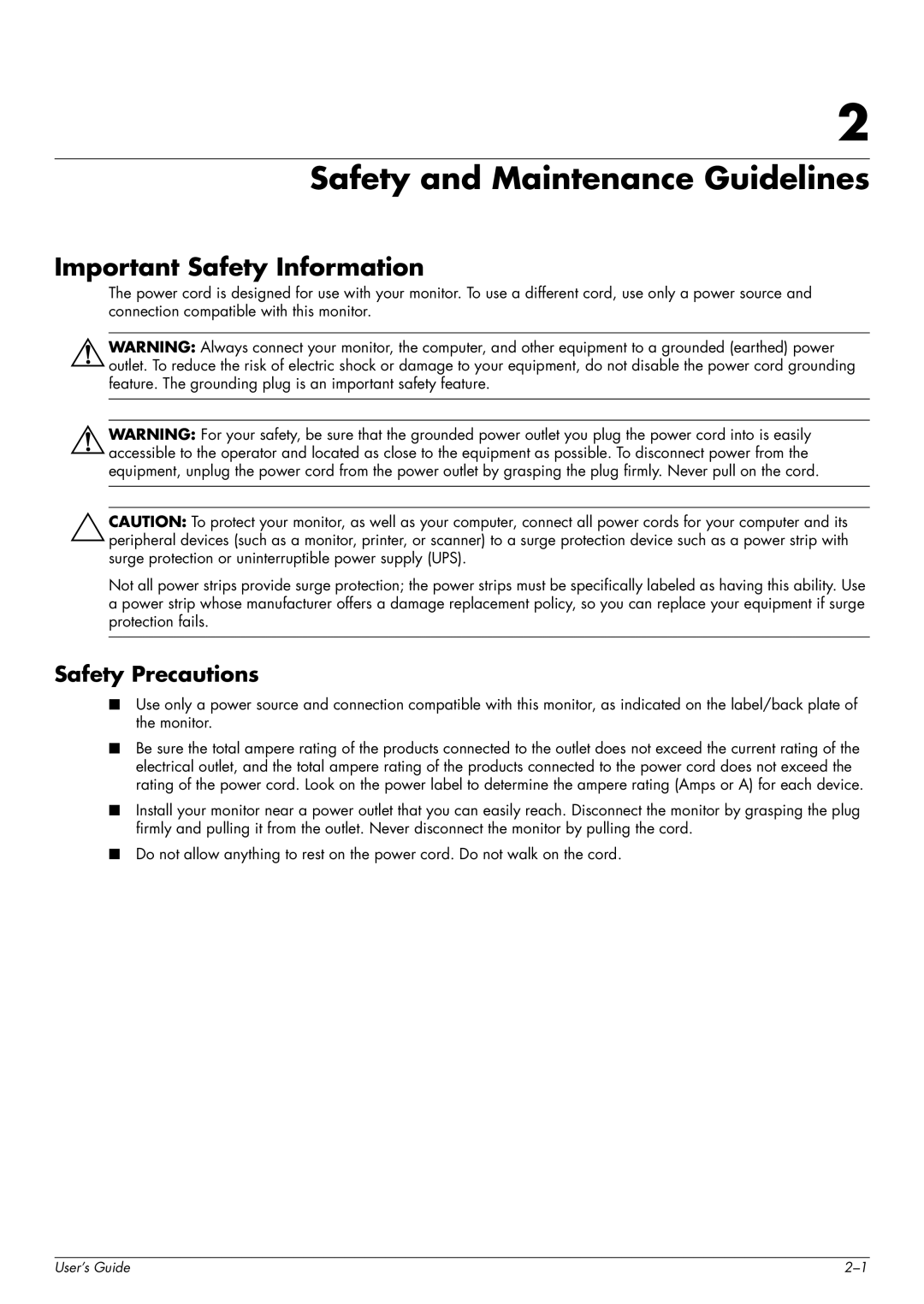 HP FP1707, W1907, W2216 manual Safety and Maintenance Guidelines, Important Safety Information, Safety Precautions 