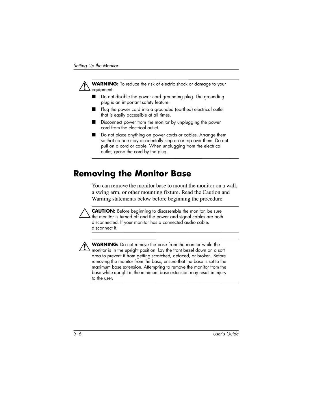 HP FP15, FP7317 manual Removing the Monitor Base 