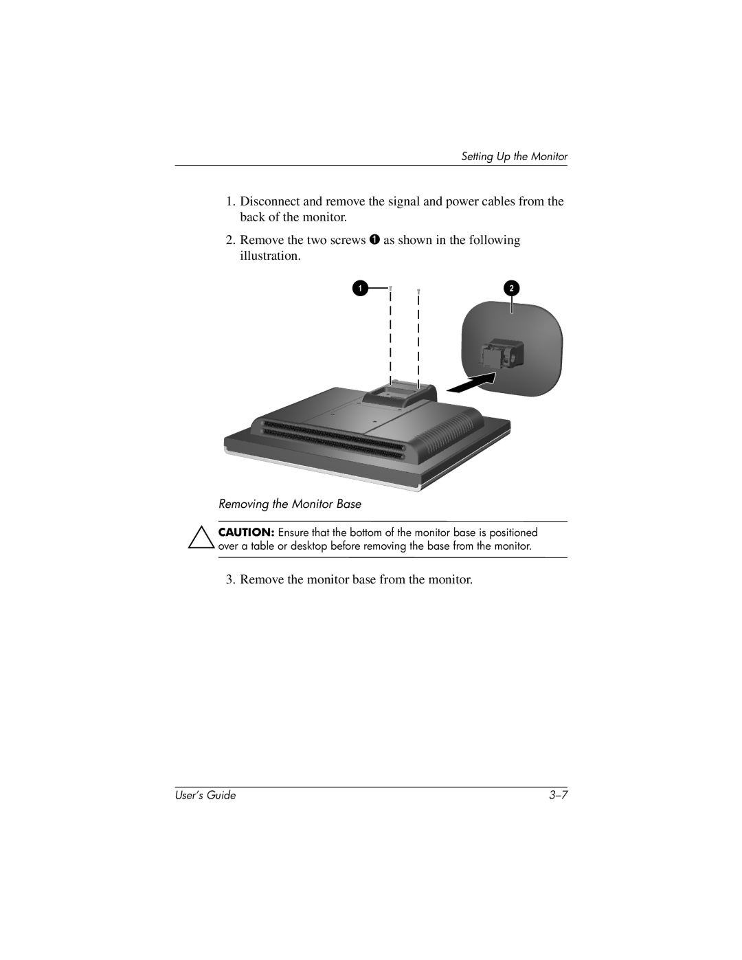 HP FP7317, FP15 manual Remove the monitor base from the monitor 