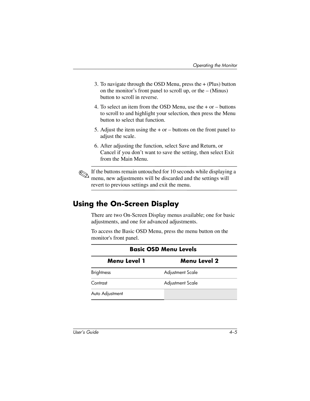 HP FP7317, FP15 manual Using the On-Screen Display, Basic OSD Menu Levels 