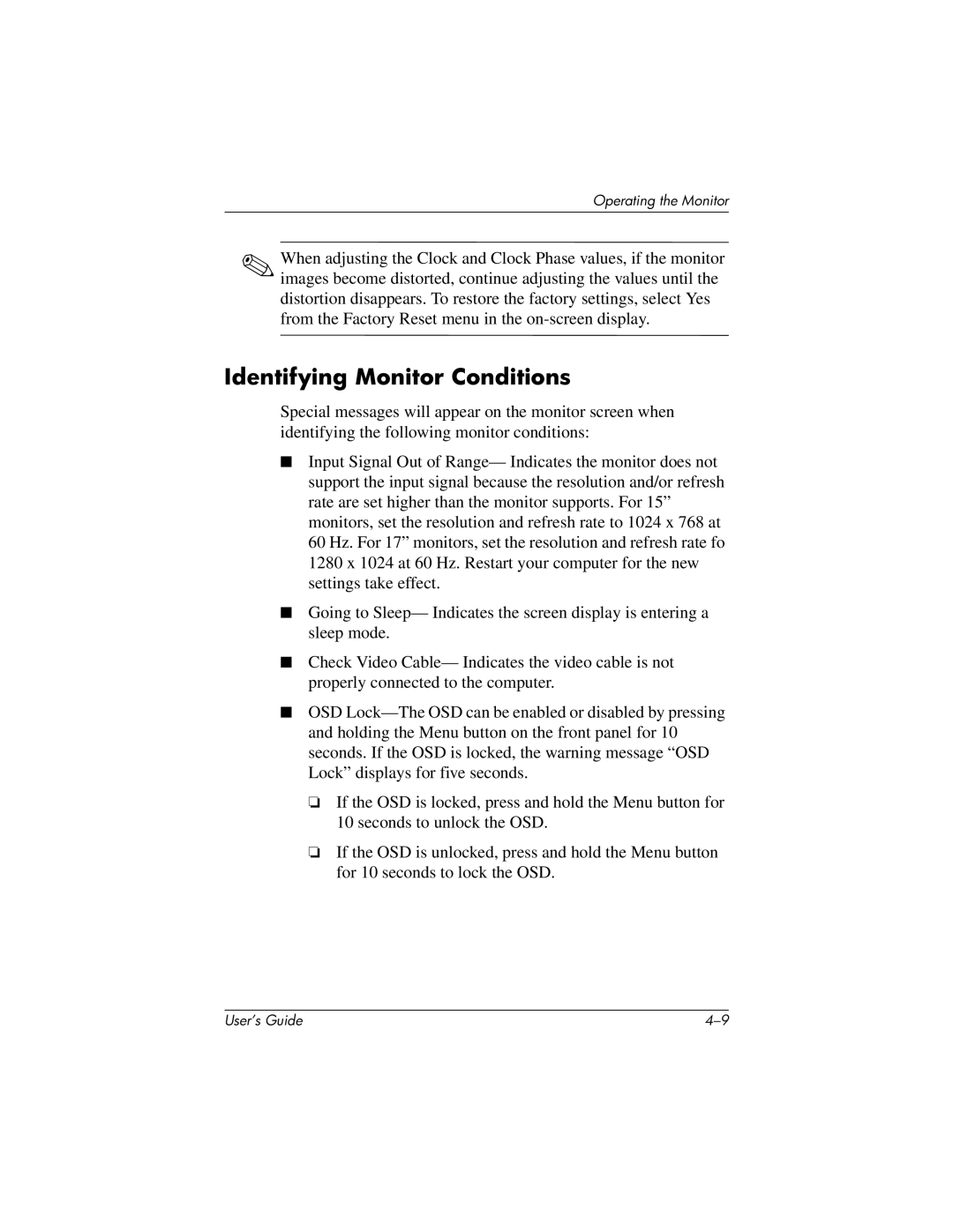 HP FP7317, FP15 manual Identifying Monitor Conditions 