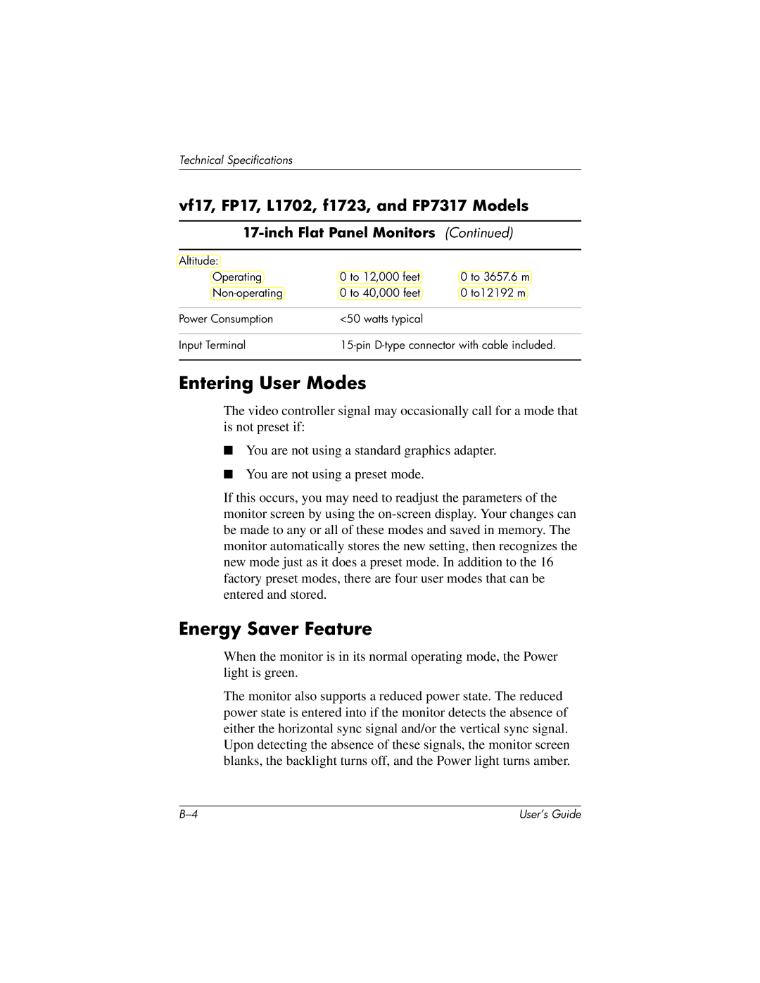 HP FP15, FP7317 manual Entering User Modes, Energy Saver Feature 