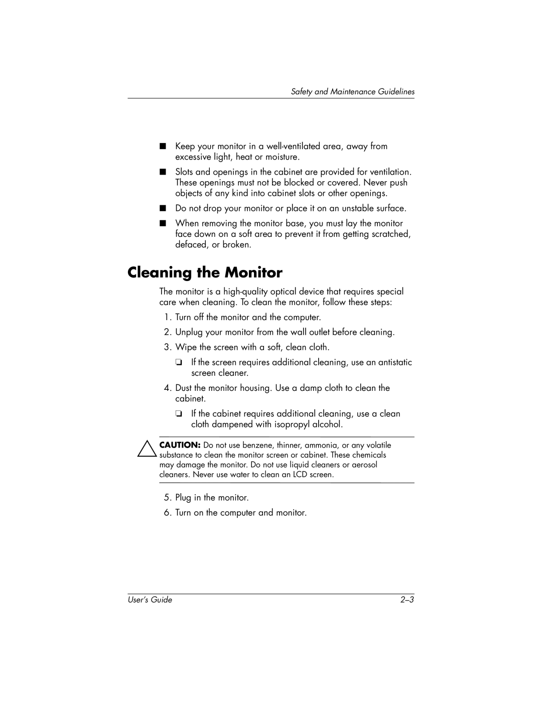 HP FP9419 manual Cleaning the Monitor 