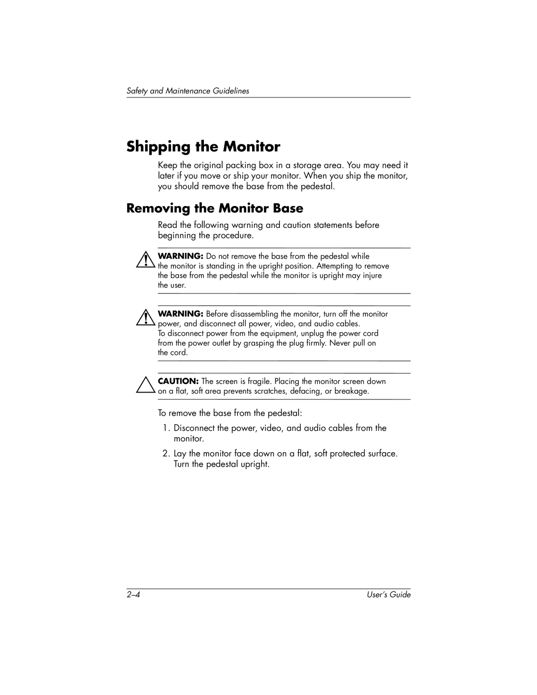 HP FP9419 manual Shipping the Monitor, Removing the Monitor Base 