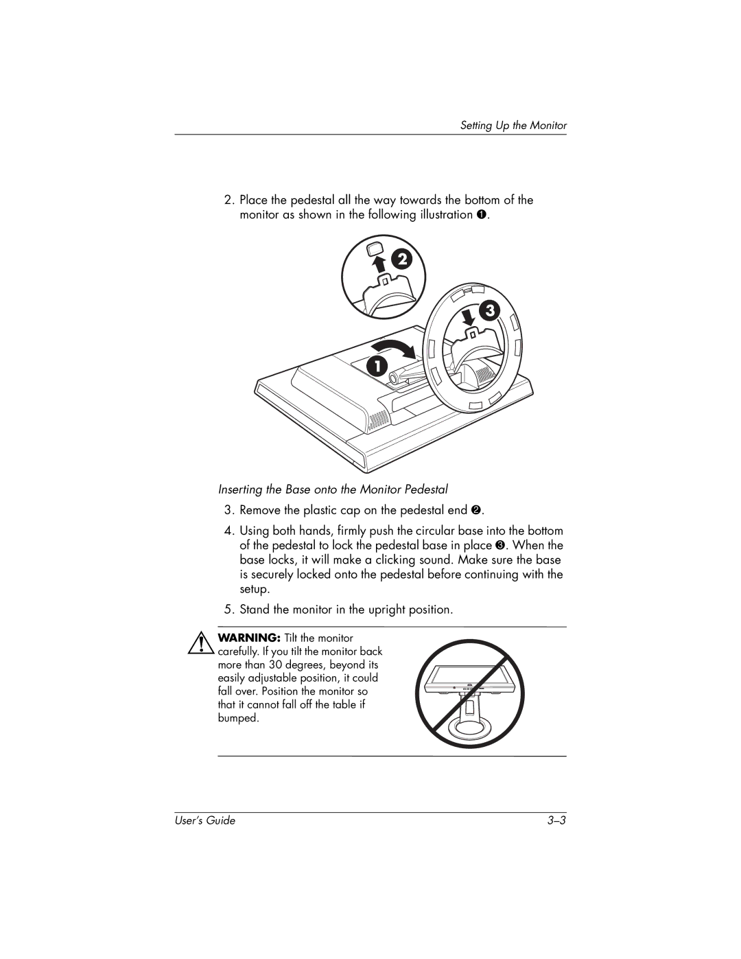 HP FP9419 manual Inserting the Base onto the Monitor Pedestal 