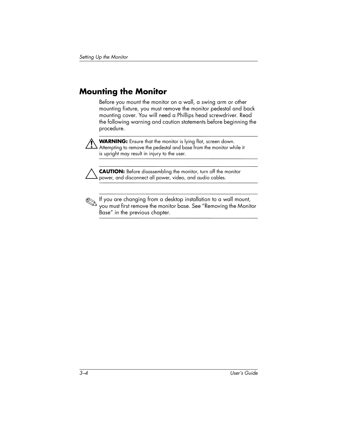 HP FP9419 manual Mounting the Monitor 