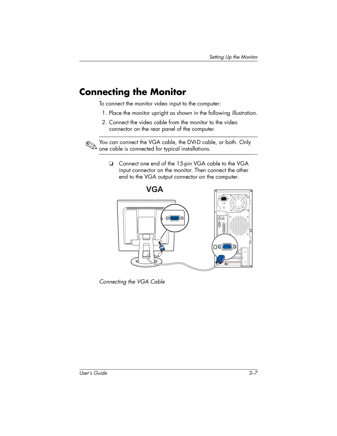 HP FP9419 manual Connecting the Monitor, Connecting the VGA Cable 