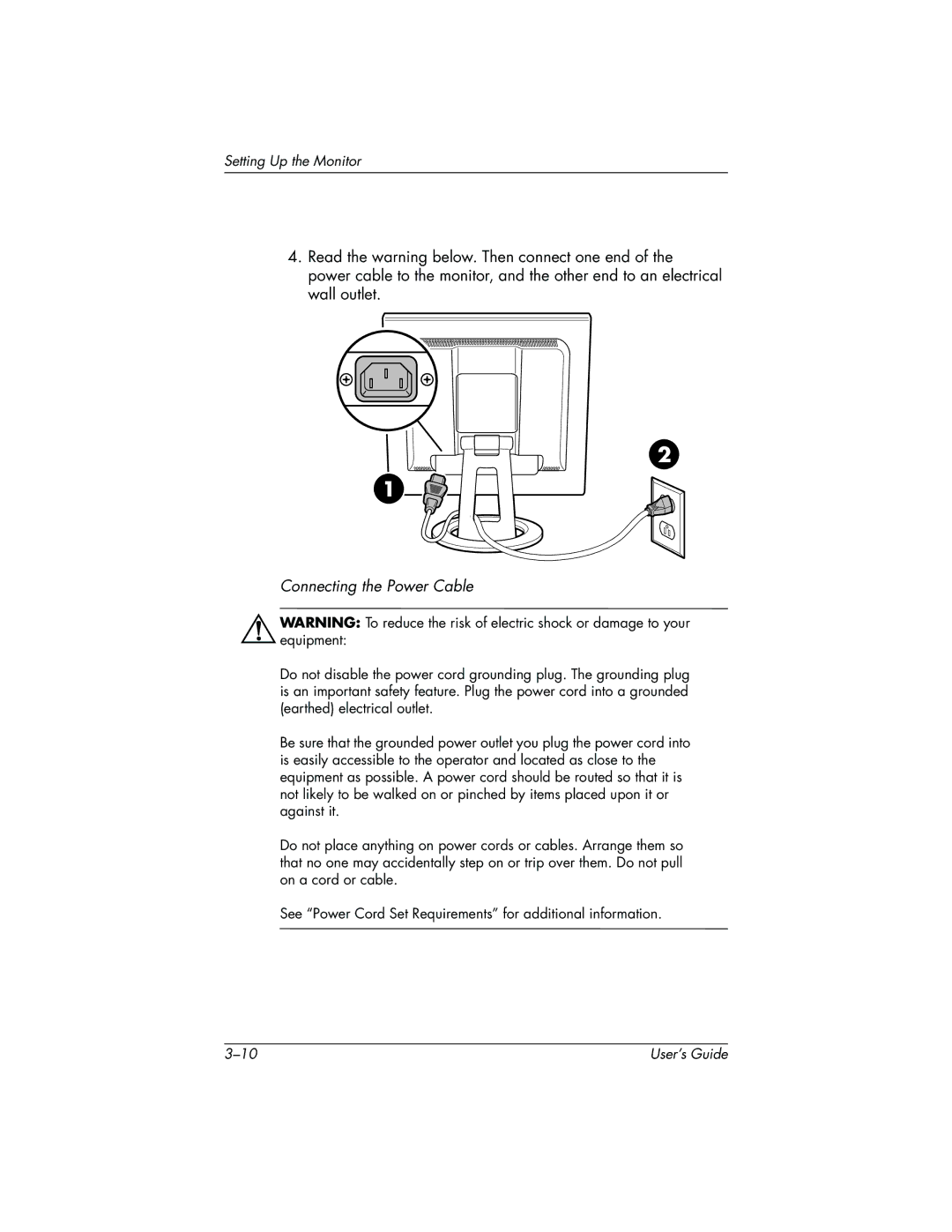 HP FP9419 manual Connecting the Power Cable 