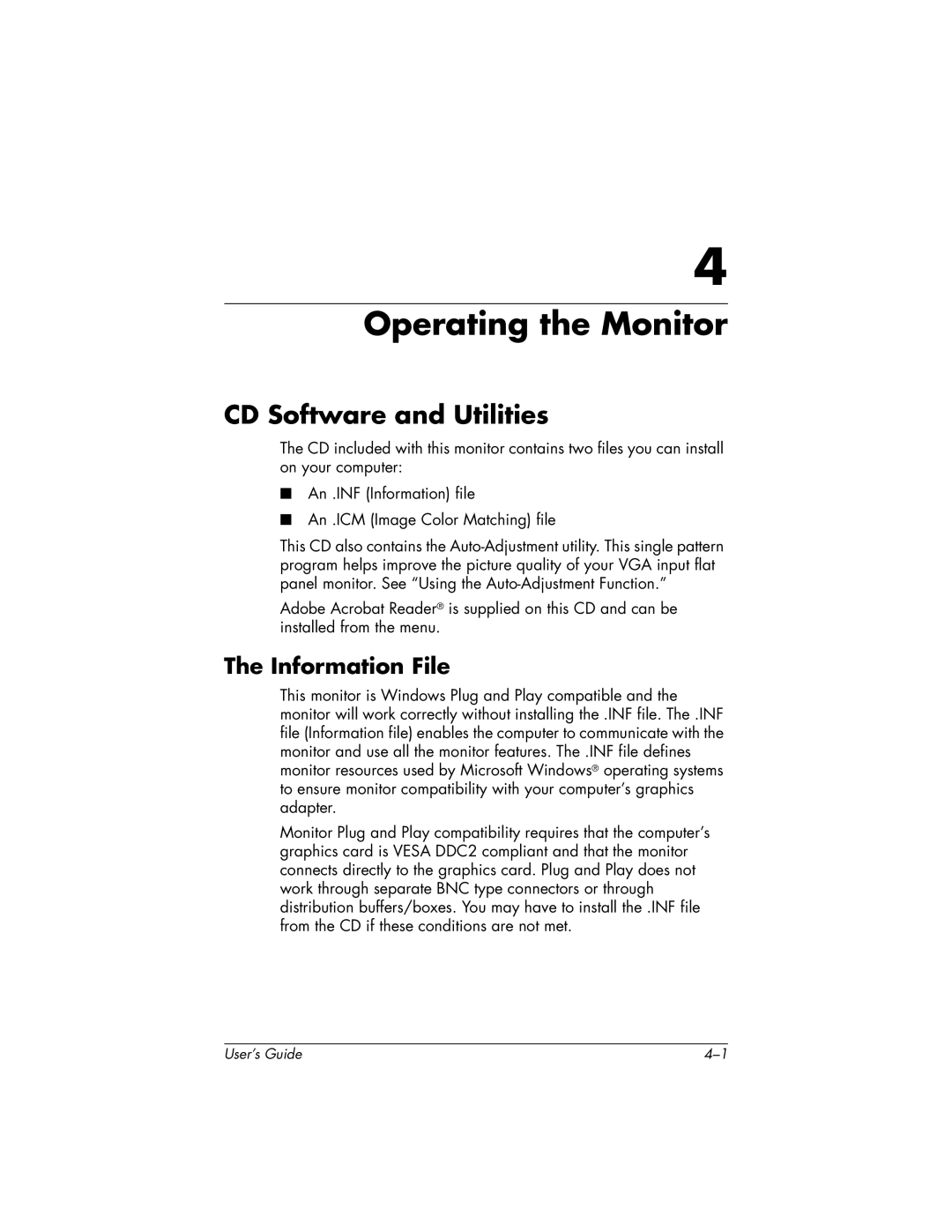 HP FP9419 manual Operating the Monitor, CD Software and Utilities, Information File 