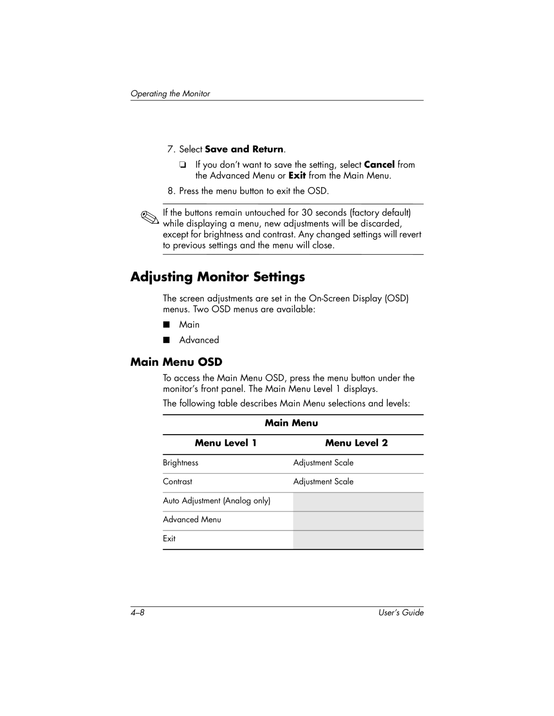 HP FP9419 manual Adjusting Monitor Settings, Select Save and Return, Main Menu, Menu Level 