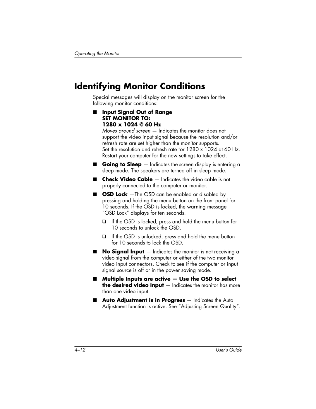 HP FP9419 manual Identifying Monitor Conditions, Input Signal Out of Range, 1280 x 1024 @ 60 Hz 