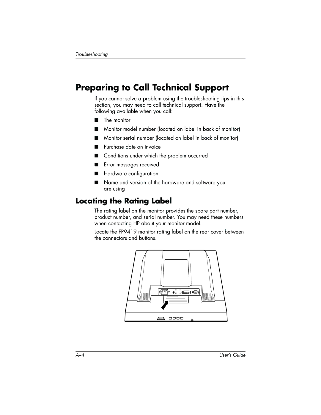 HP FP9419 manual Preparing to Call Technical Support, Locating the Rating Label 