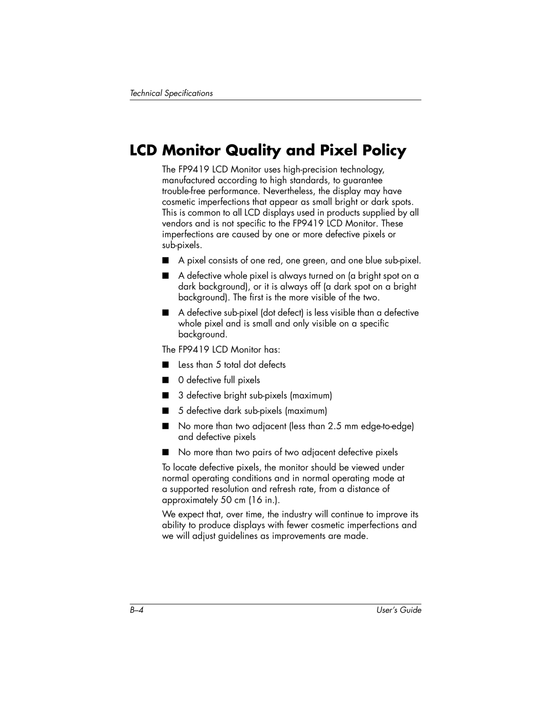 HP FP9419 manual LCD Monitor Quality and Pixel Policy 