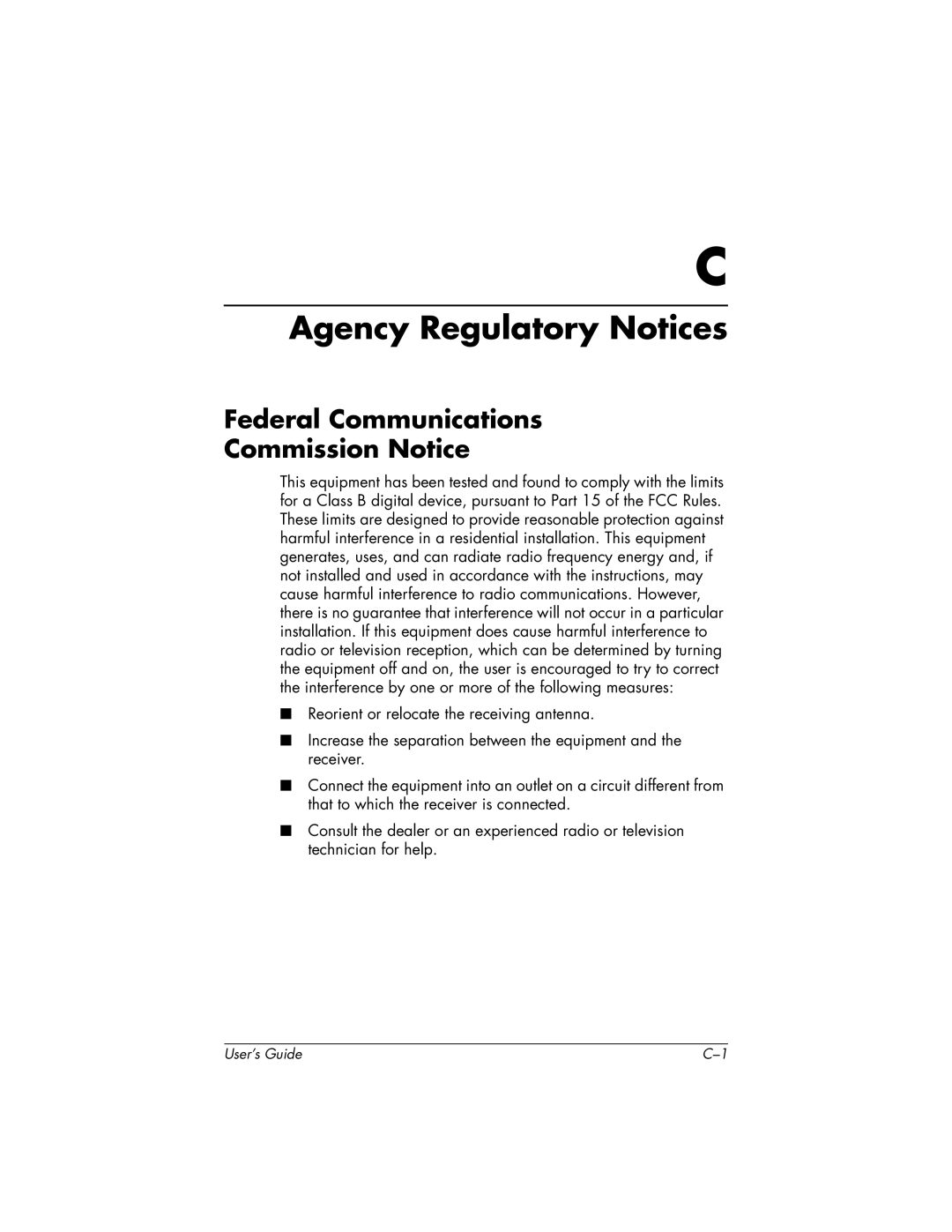 HP FP9419 manual Agency Regulatory Notices, Federal Communications Commission Notice 