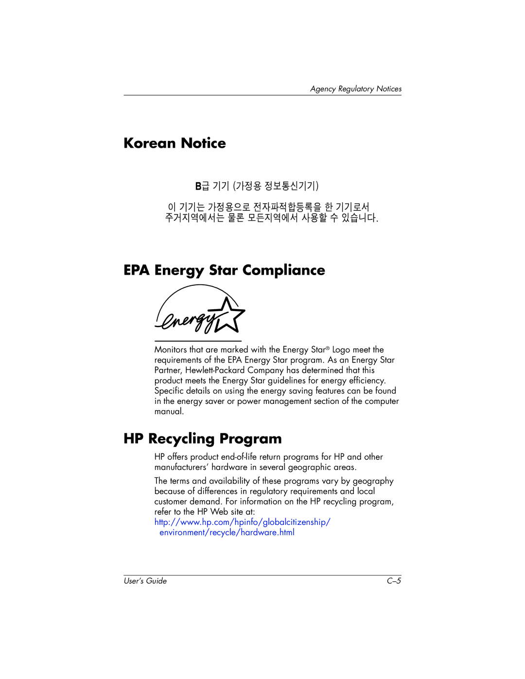 HP FP9419 manual Korean Notice EPA Energy Star Compliance, HP Recycling Program 