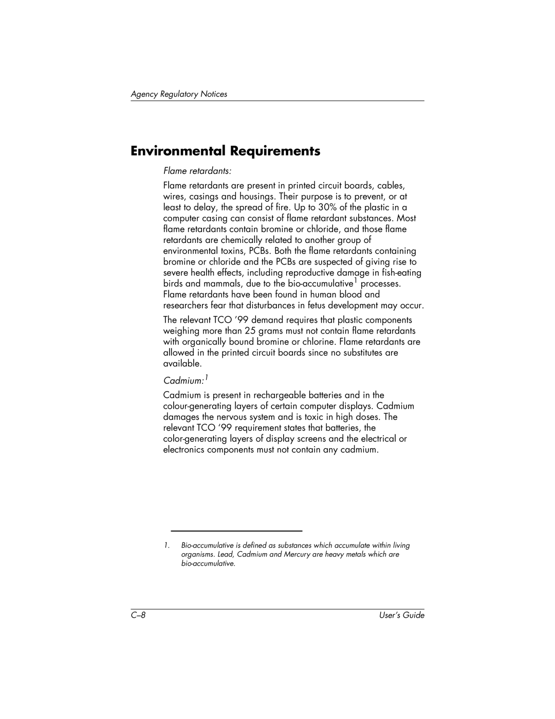 HP FP9419 manual Environmental Requirements, Flame retardants, Cadmium1 