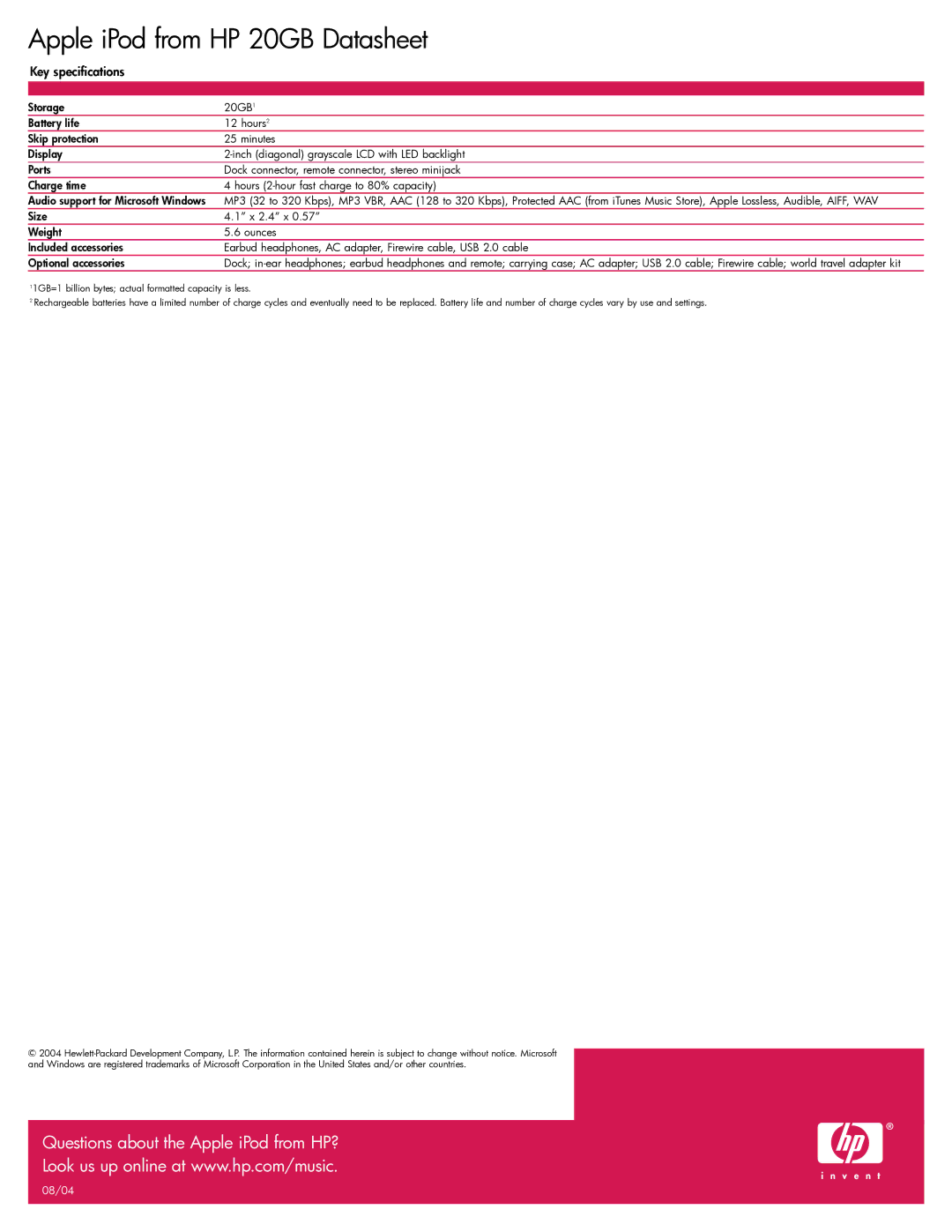 HP from MP102 20GB manual Apple iPod from HP 20GB Datasheet, Key specifications 