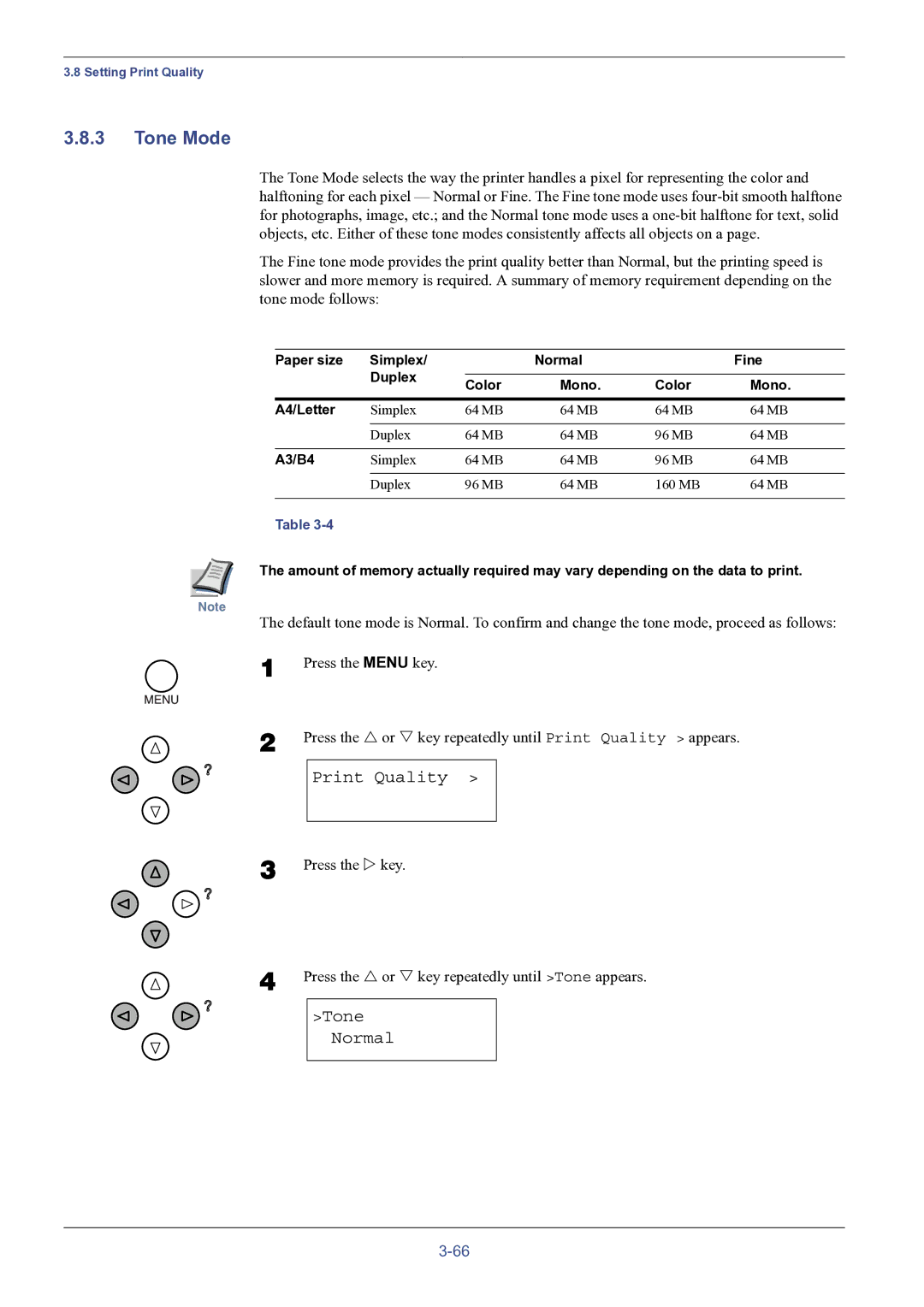 HP FS-8000C manual Tone Mode, Tone Normal, Paper size Simplex Normal Fine Duplex Color Mono A4/Letter, A3/B4 