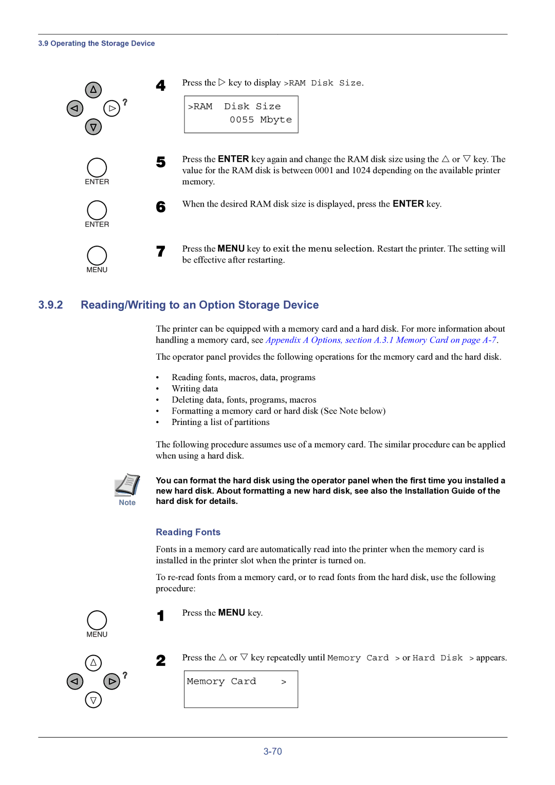 HP FS-8000C manual Reading/Writing to an Option Storage Device, RAM Disk Size Mbyte, Memory Card, Reading Fonts 